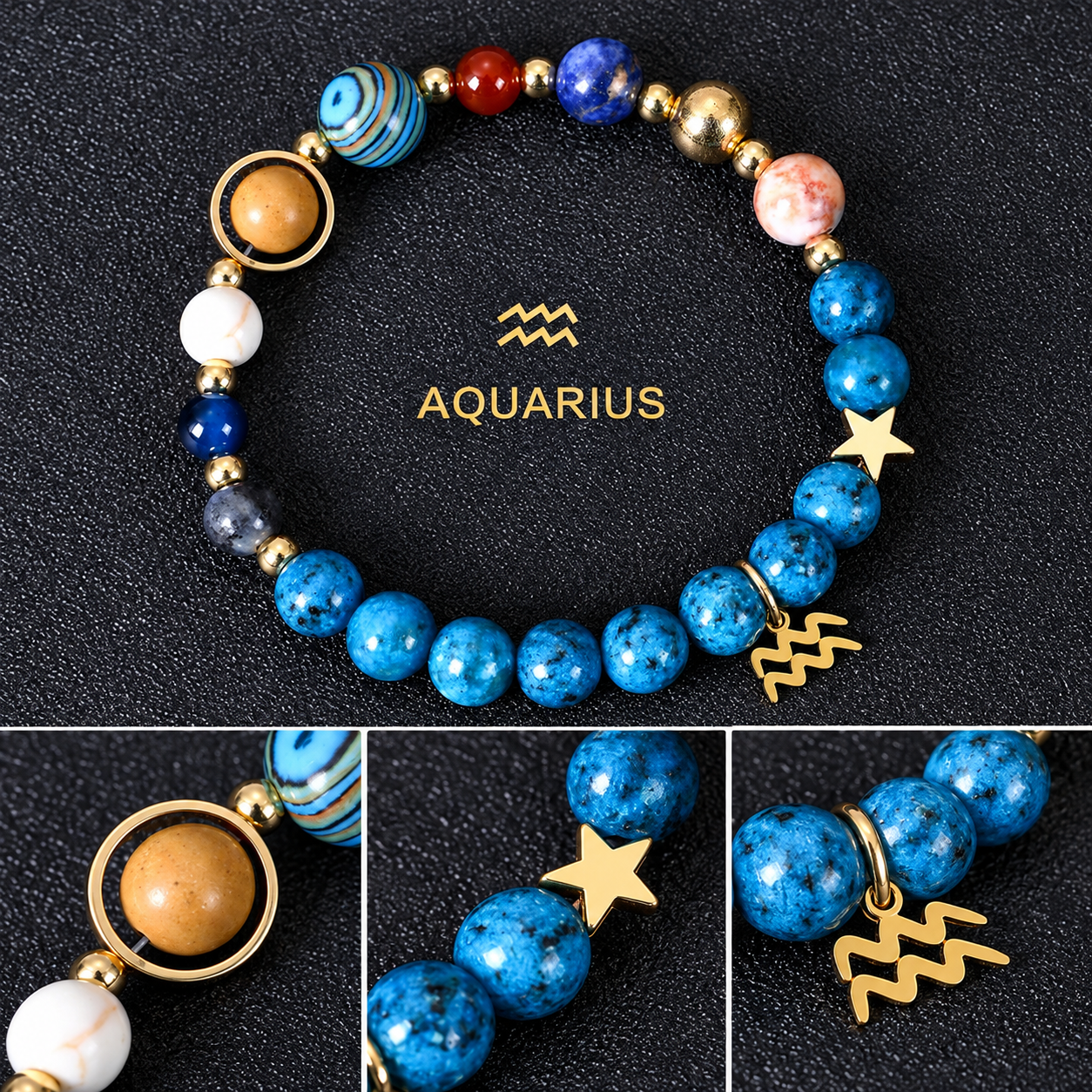 Details of the blue agate beads, planetary gemstones, and zodiac charms