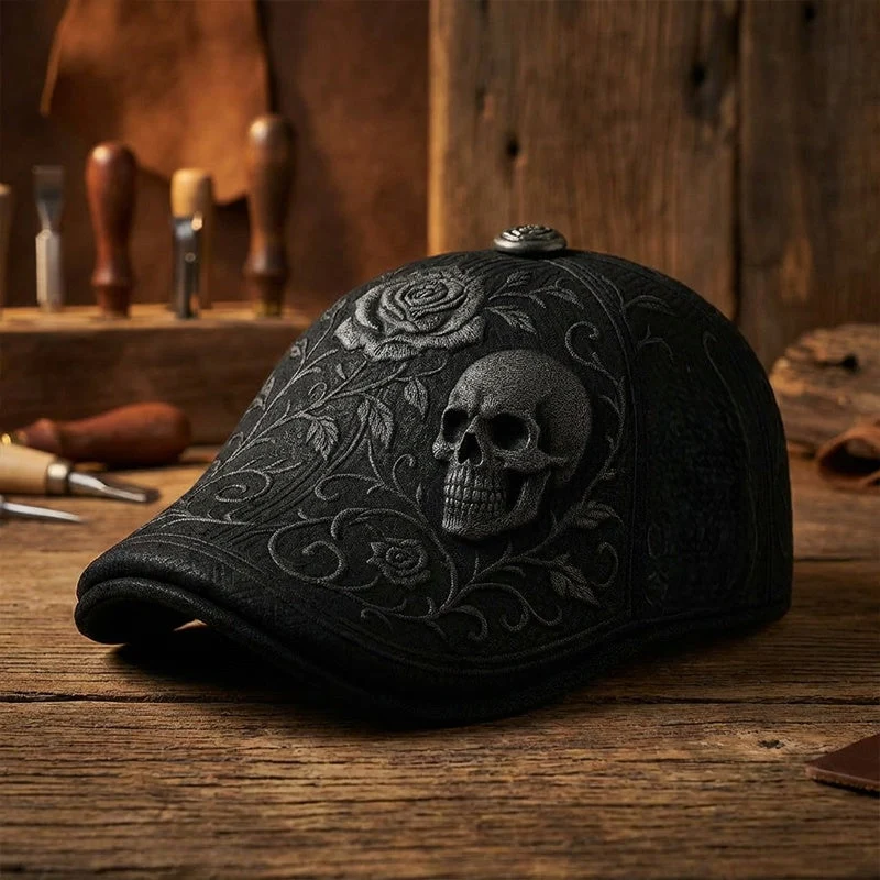💀Handcrafted Skull & Thorn Flat Cap🎁Buy 2 Free Shipping - BLACK