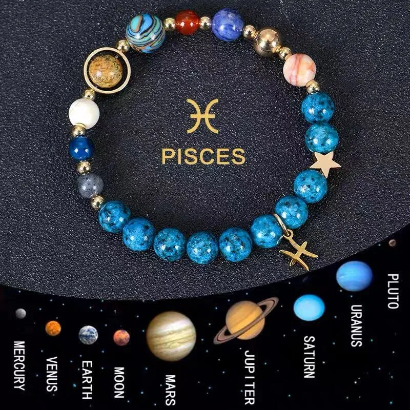 Planetary Zodiac Bracelet with blue agate beads, gemstone planets, and gold-tone celestial charms