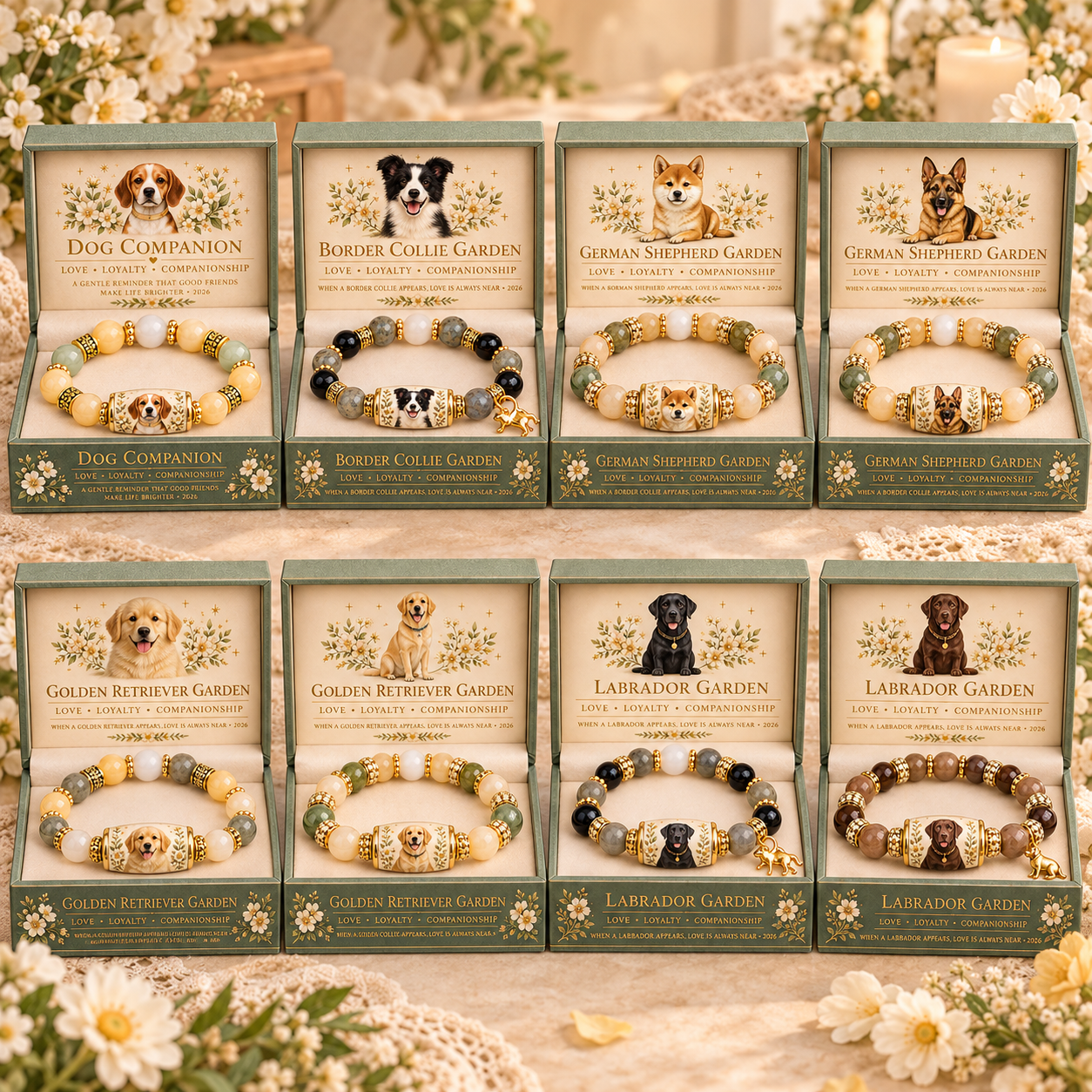 Eight dog-inspired bracelet designs in the collection
