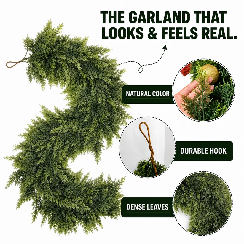 🎄 6ft Real Touch Artificial Cedar Garland | Lifelike Winter Pine Greenery for Christmas Mantle