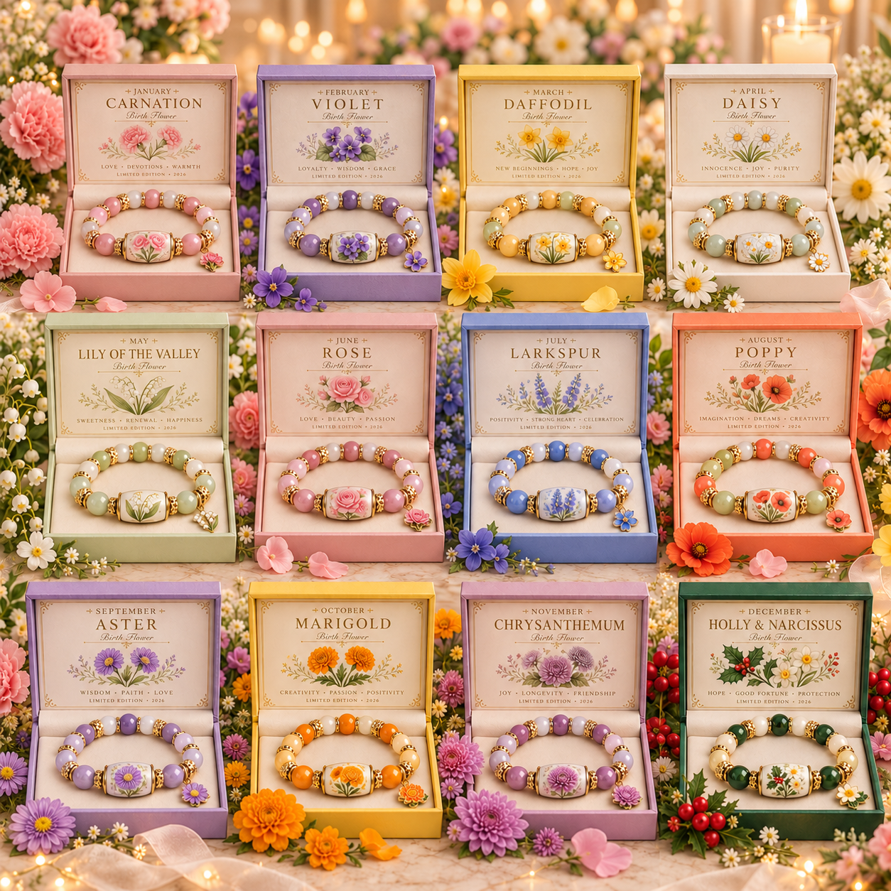 Birth flower bracelet design from the twelve-month collection