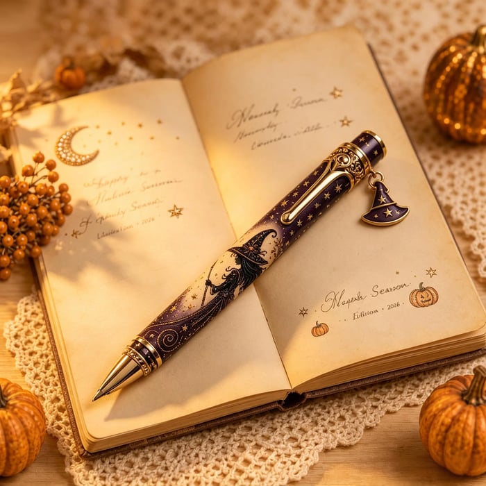 Witch design decorative pen displayed on an open notebook