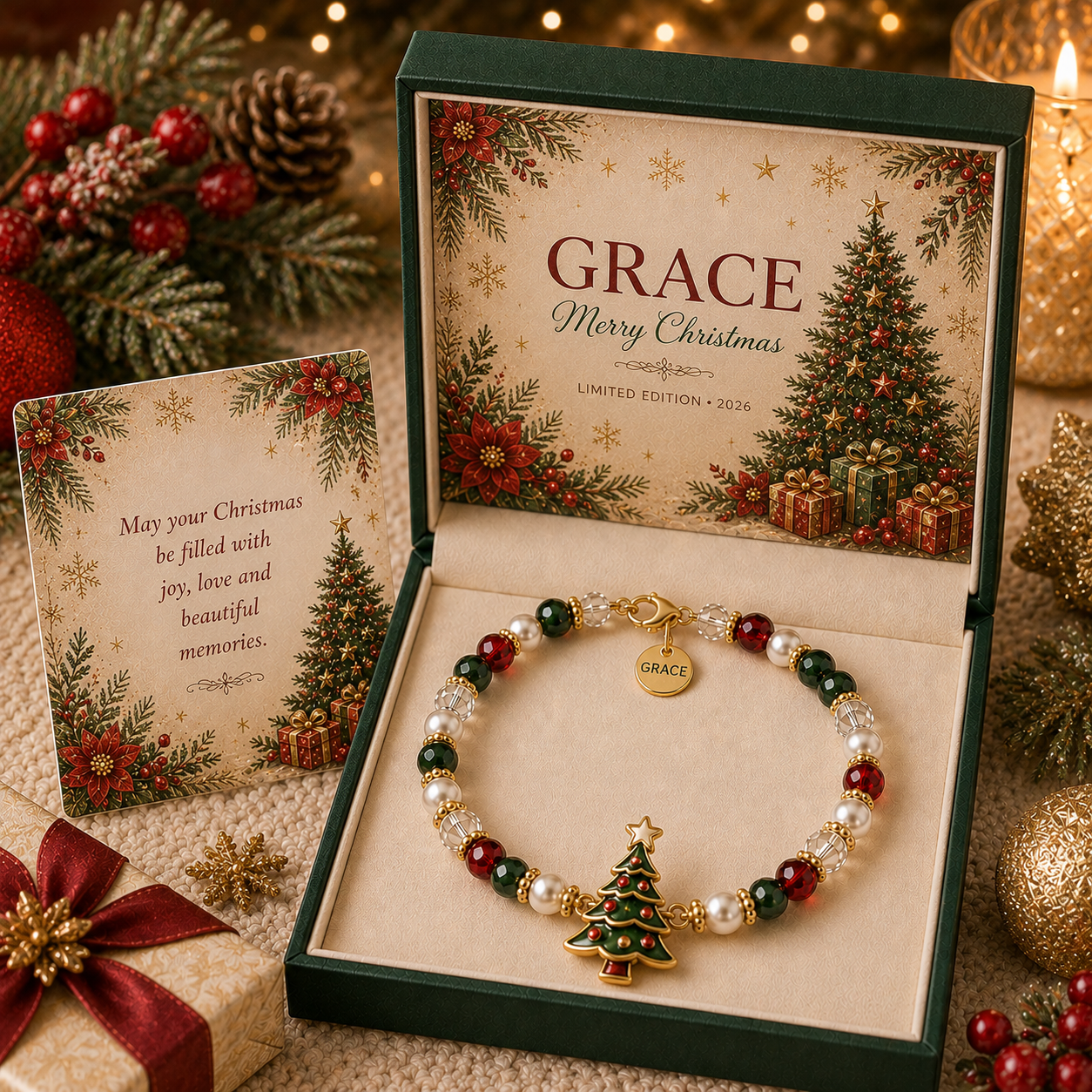 Christmas tree bracelet with Grace word charm