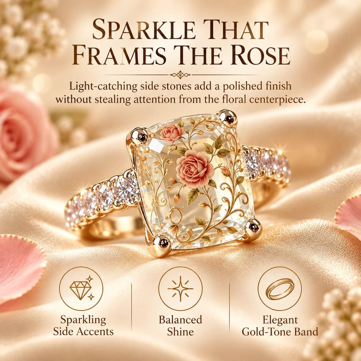Clear side accent stones along the polished gold-tone band