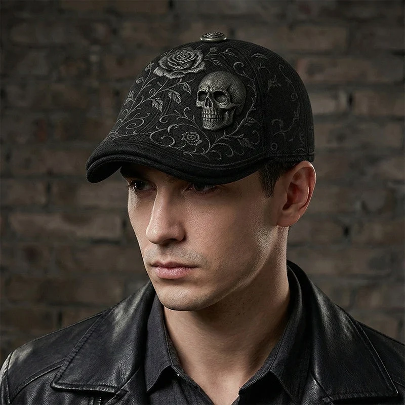 💀Handcrafted Skull & Thorn Flat Cap🎁Buy 2 Free Shipping - BLACK