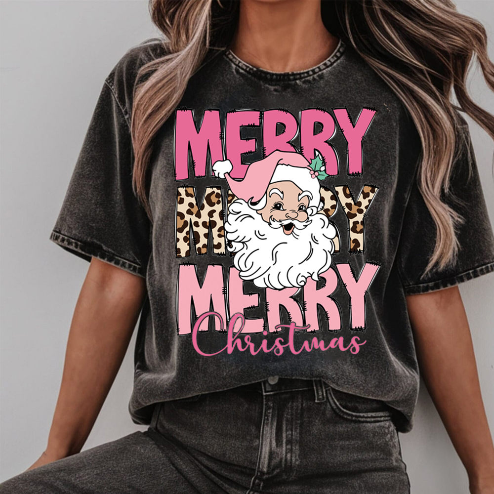 Vintage Pink Santa Christmas Fan009 Washed T-shirt
