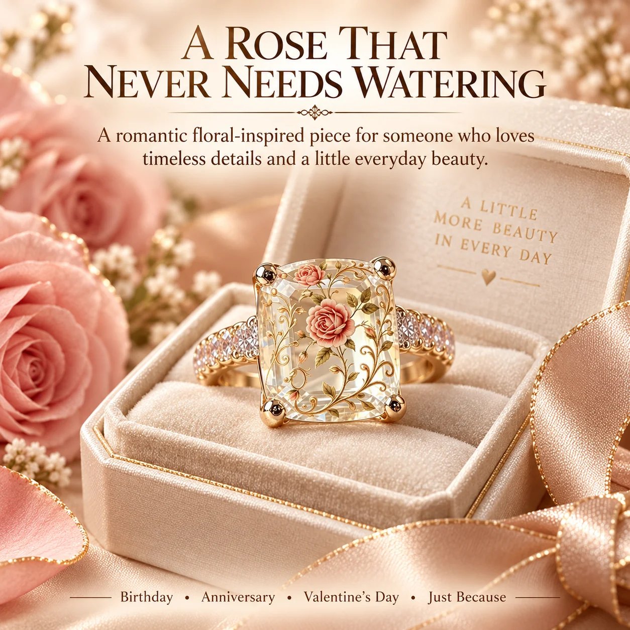 Rose-inspired ring shown in a romantic gift setting
