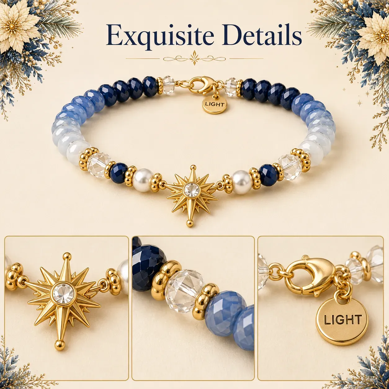 Star of Bethlehem bracelet with blue beads, pearl-style accents, and a radiant star centerpiece