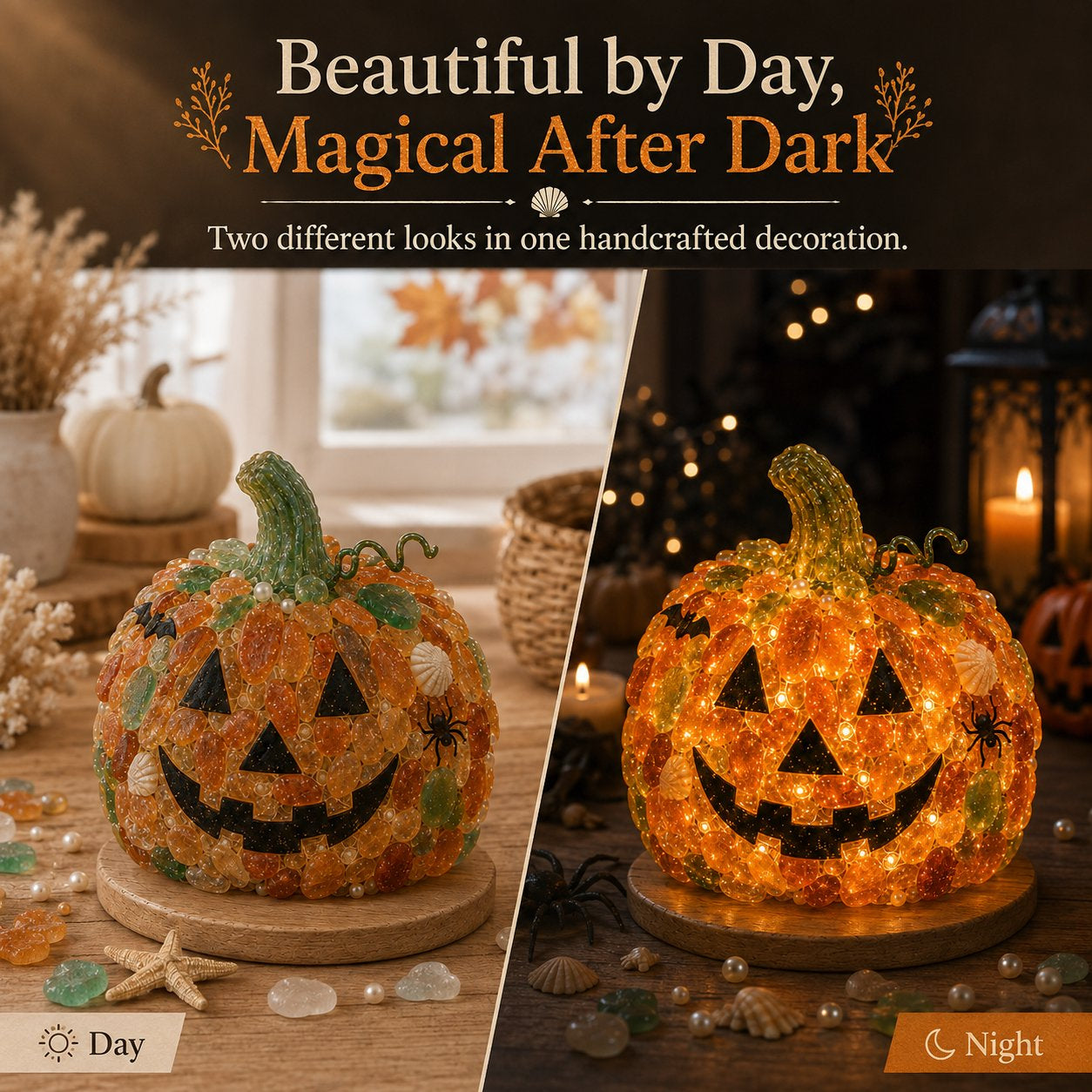 Sea glass Halloween decoration shown with daytime detail and a warm nighttime glow