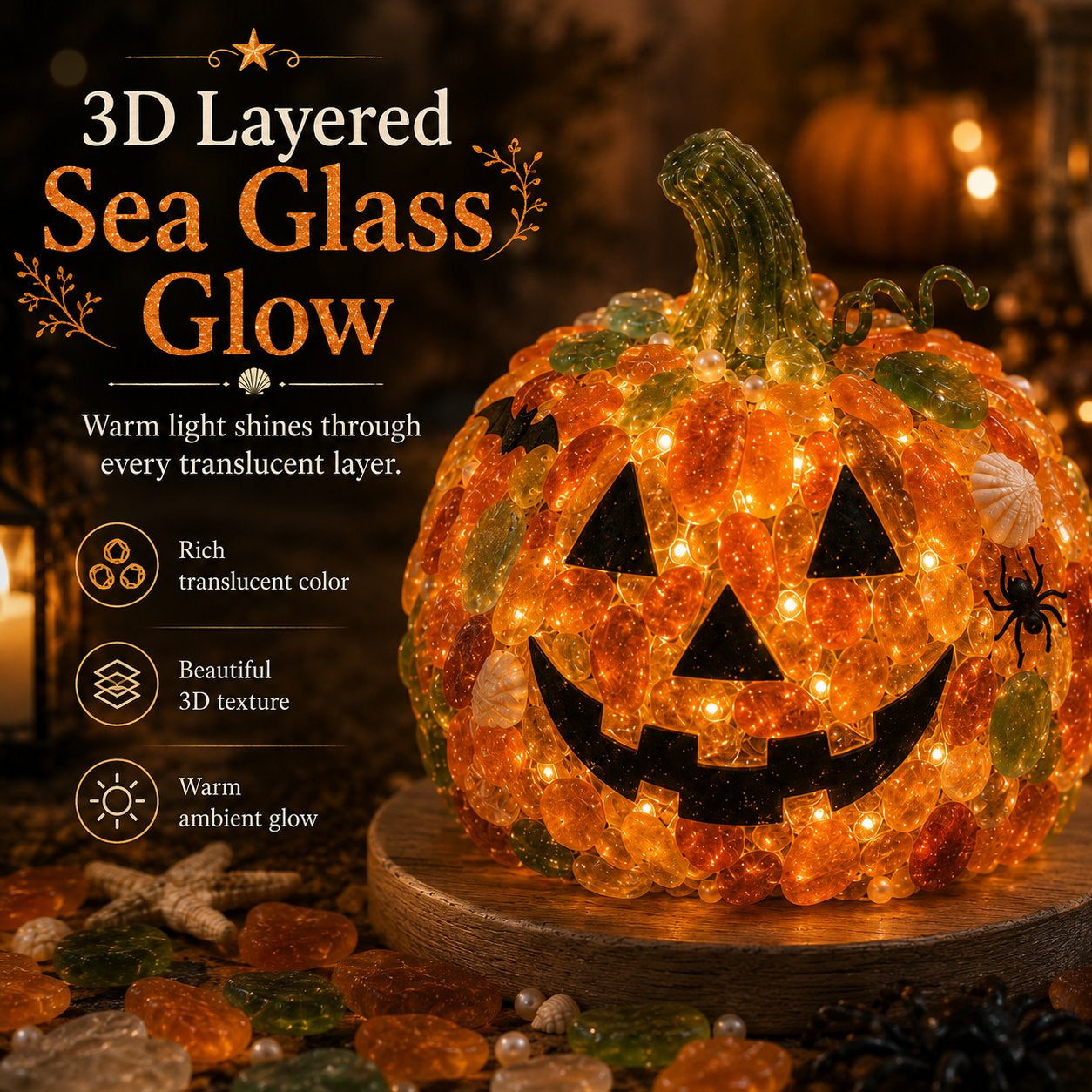 Layered sea glass Halloween decoration with a warm light-up effect