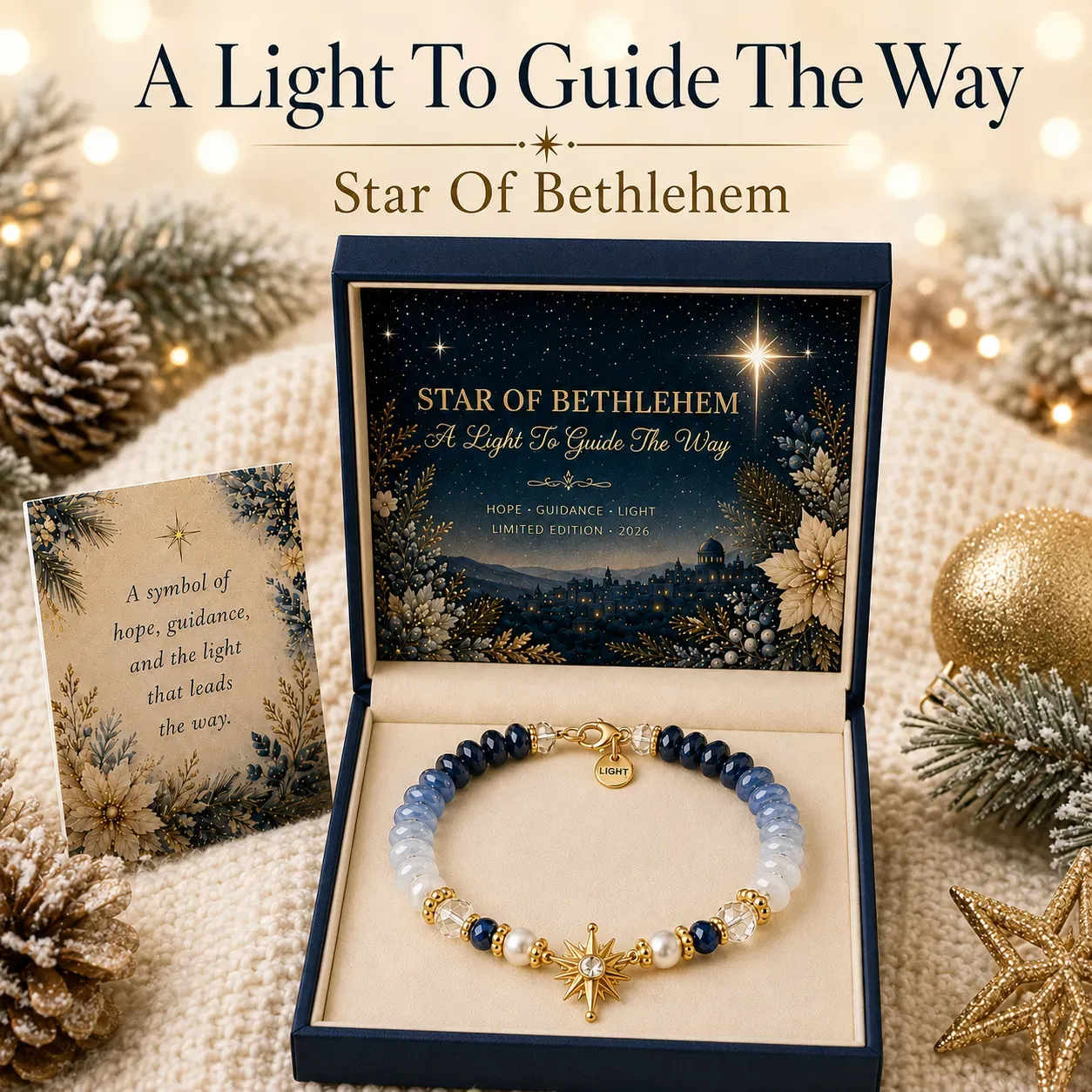 Close-up of the bracelet's star centerpiece, blue beads, and gold-tone details