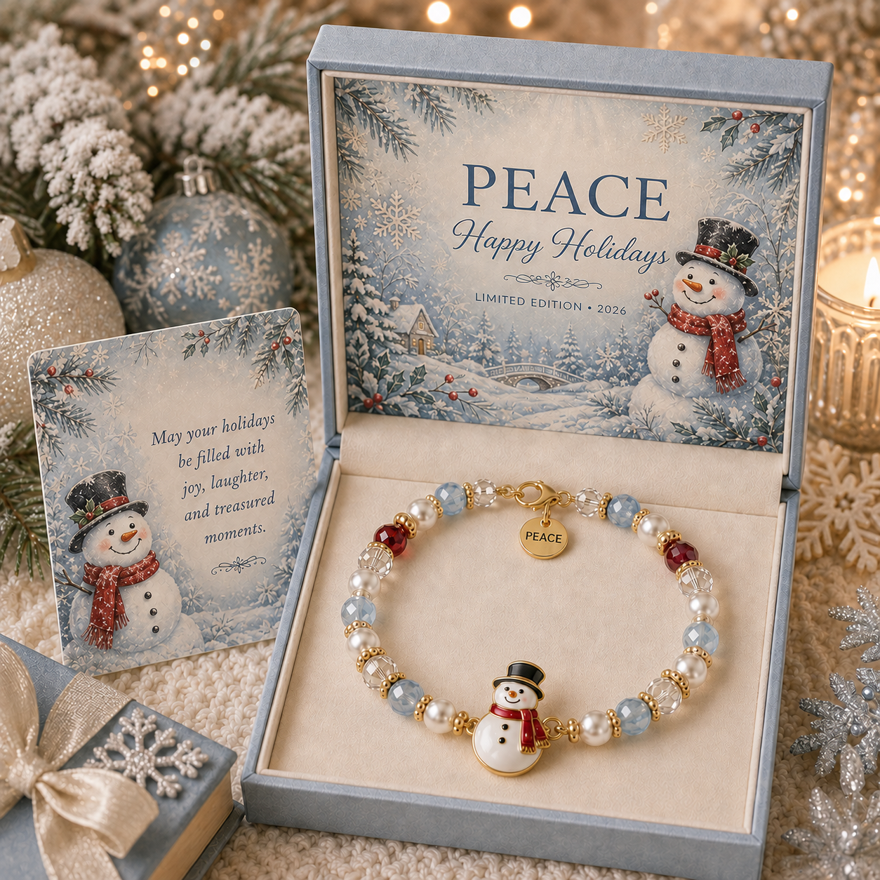 Snowman Christmas bracelet with Peace word charm