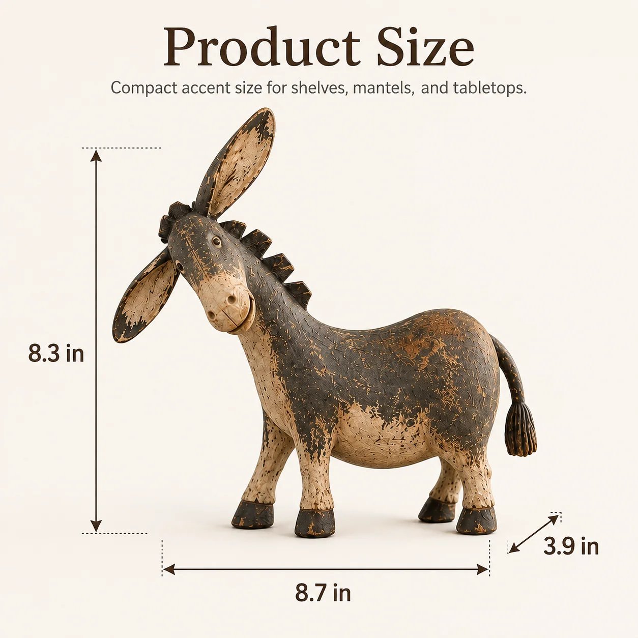 Rustic donkey figurine dimensions: 8.7 inches wide, 3.9 inches deep, and 8.3 inches high