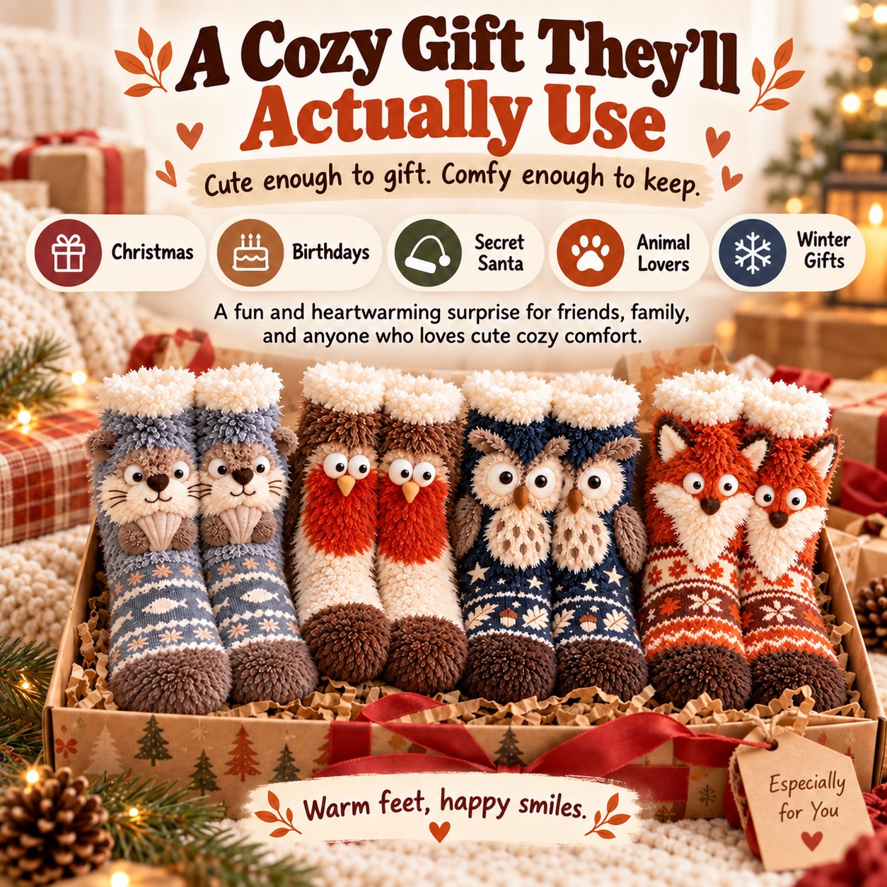 🦊🐦 Cute 3D Animal Fuzzy Slipper Socks – Cozy Indoor House Socks🦦🦉