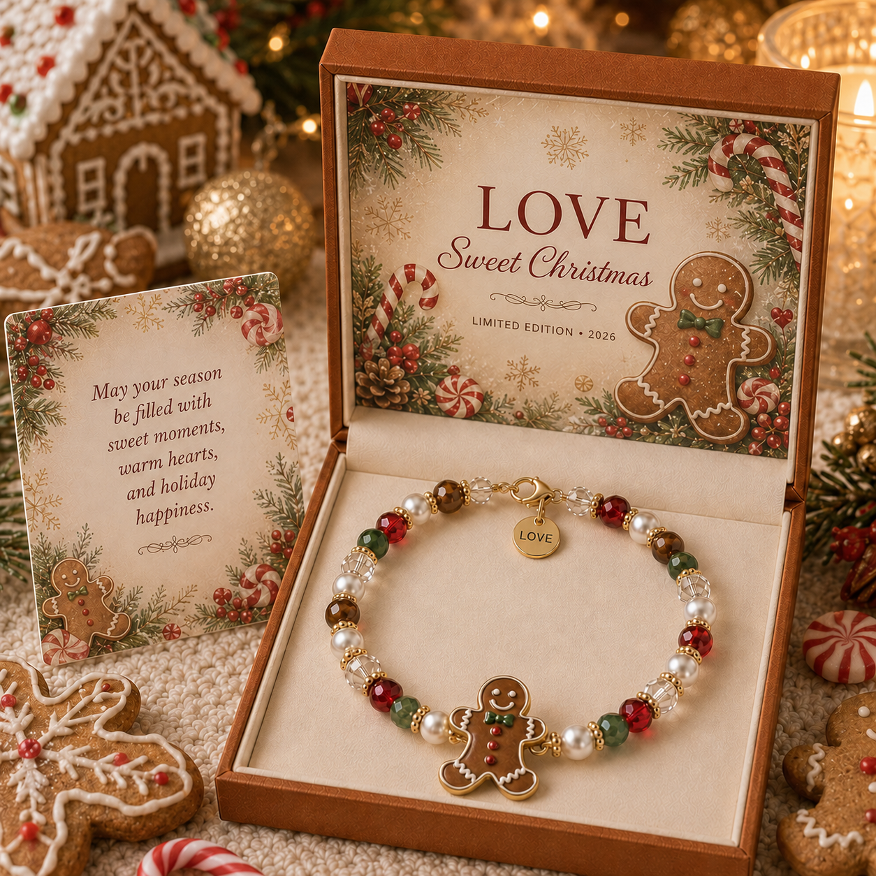 Gingerbread Christmas bracelet with Love word charm