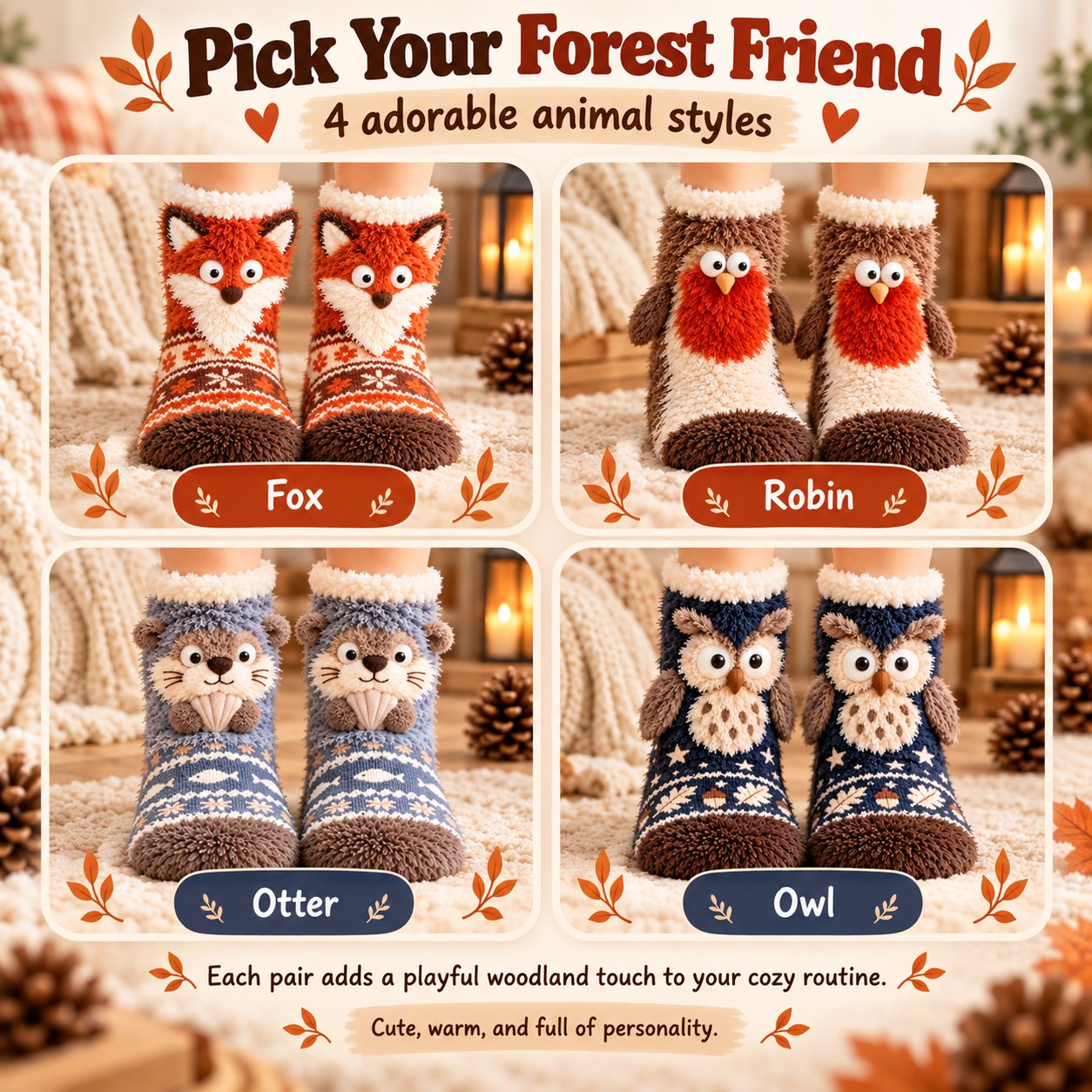 🦊🐦 Cute 3D Animal Fuzzy Slipper Socks – Cozy Indoor House Socks🦦🦉
