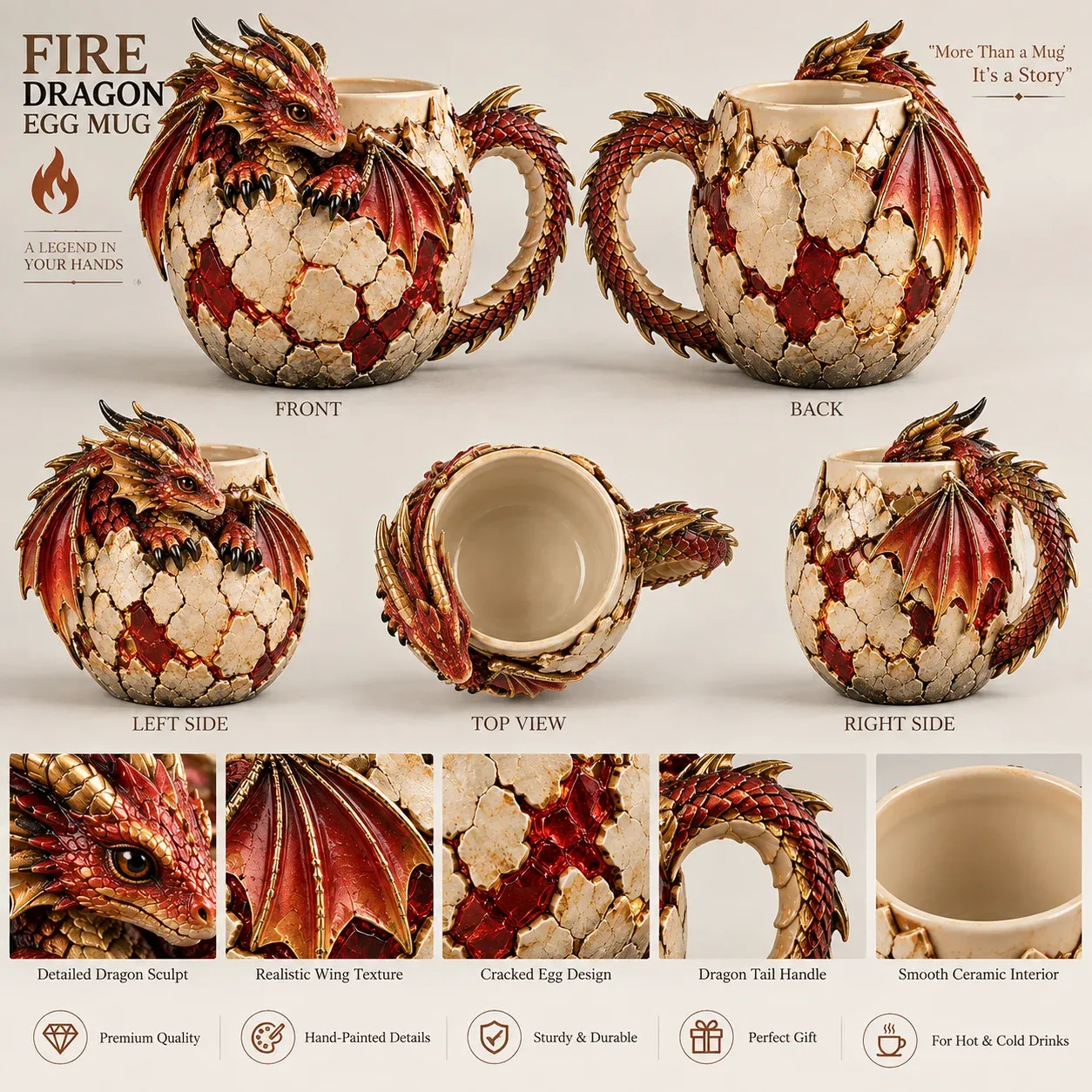 Close-up of sculpted dragon mug details