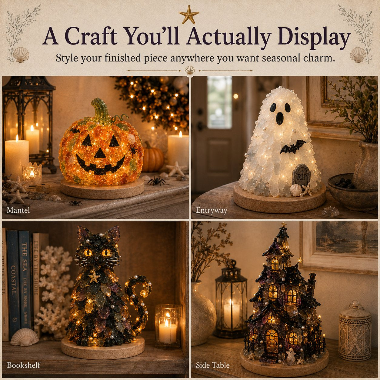 Finished sea glass Halloween characters styled as seasonal home decor