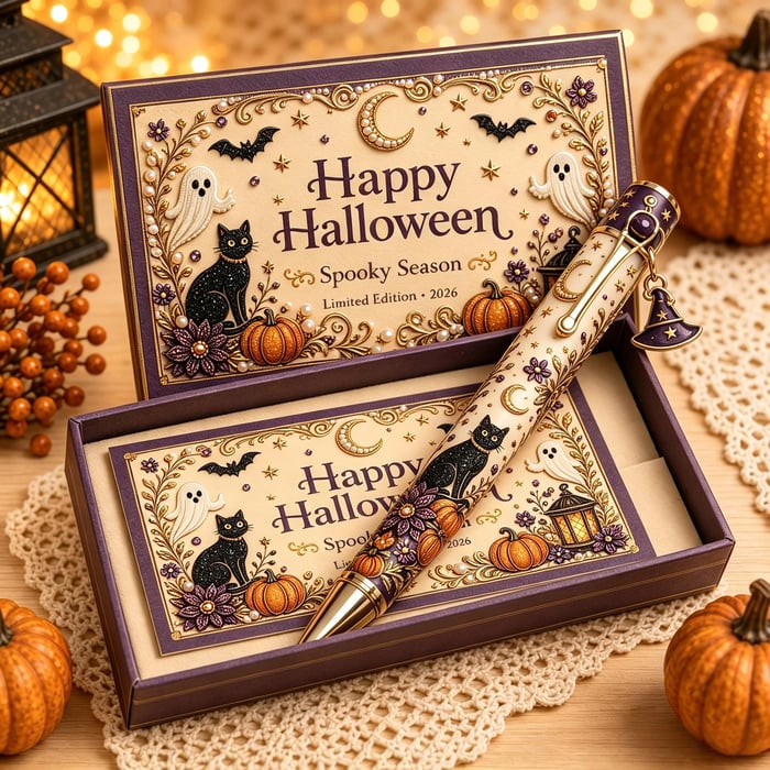 Black cat and ghost Halloween pen with coordinating keepsake card and illustrated gift box