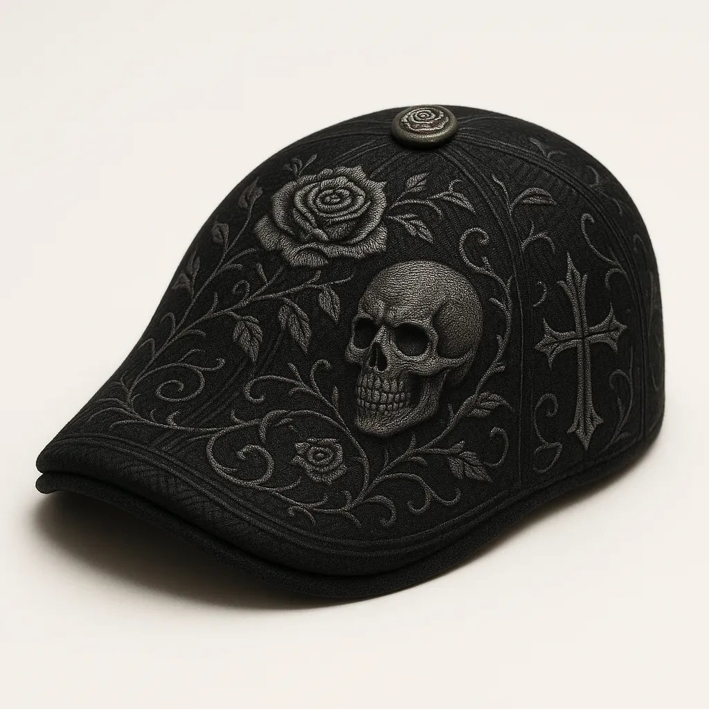 💀Handcrafted Skull & Thorn Flat Cap🎁Buy 2 Free Shipping - BLACK