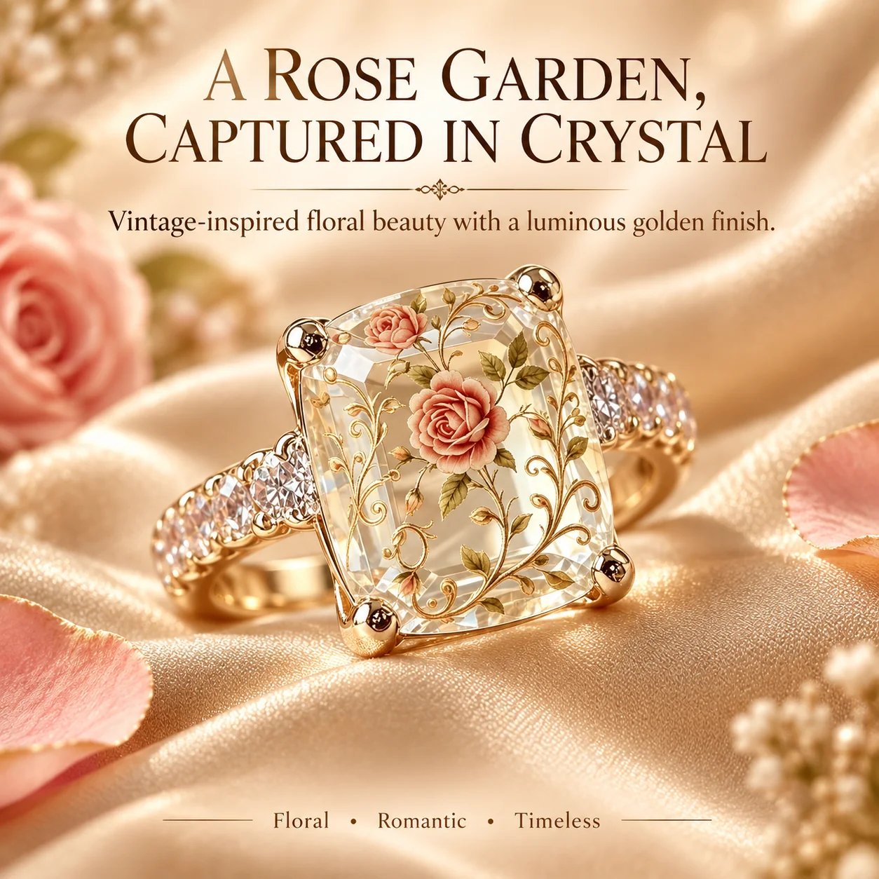 Rose-inspired floral statement ring with a clear centerpiece and gold-tone band