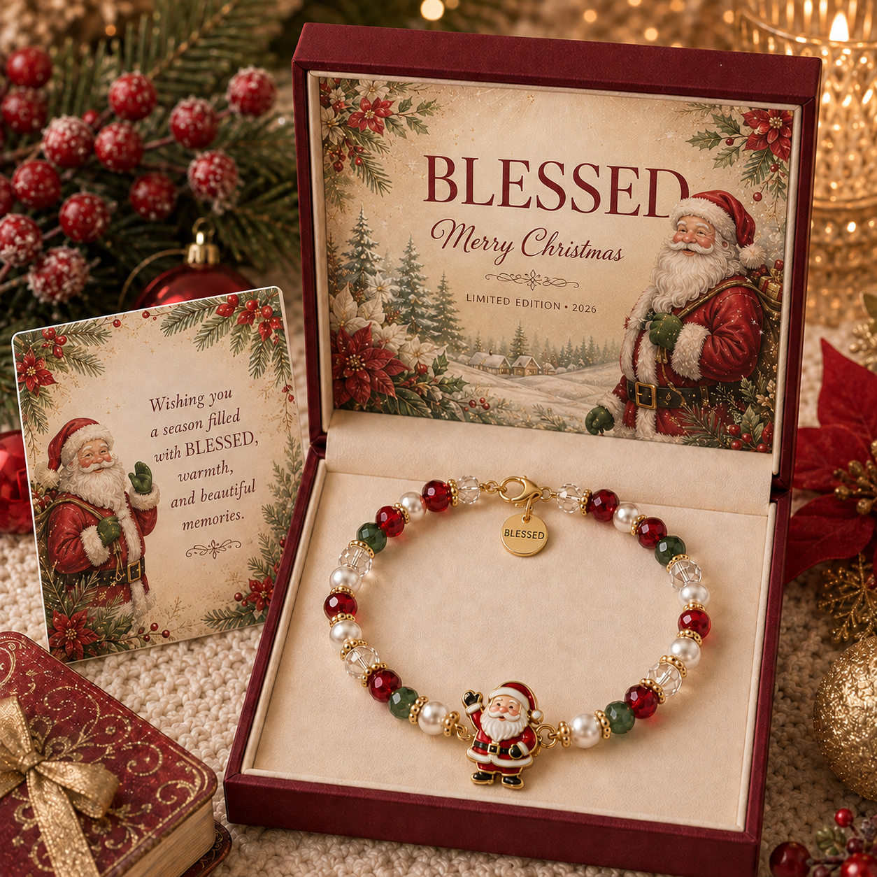 Santa Claus Christmas bracelet with Blessed word charm