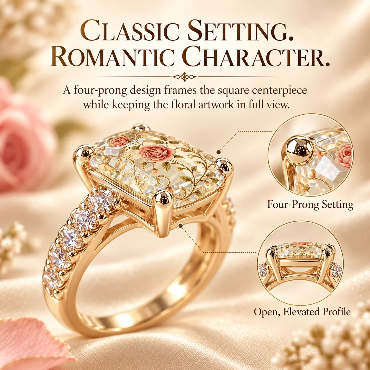 Four-prong setting and elevated side profile of the floral ring