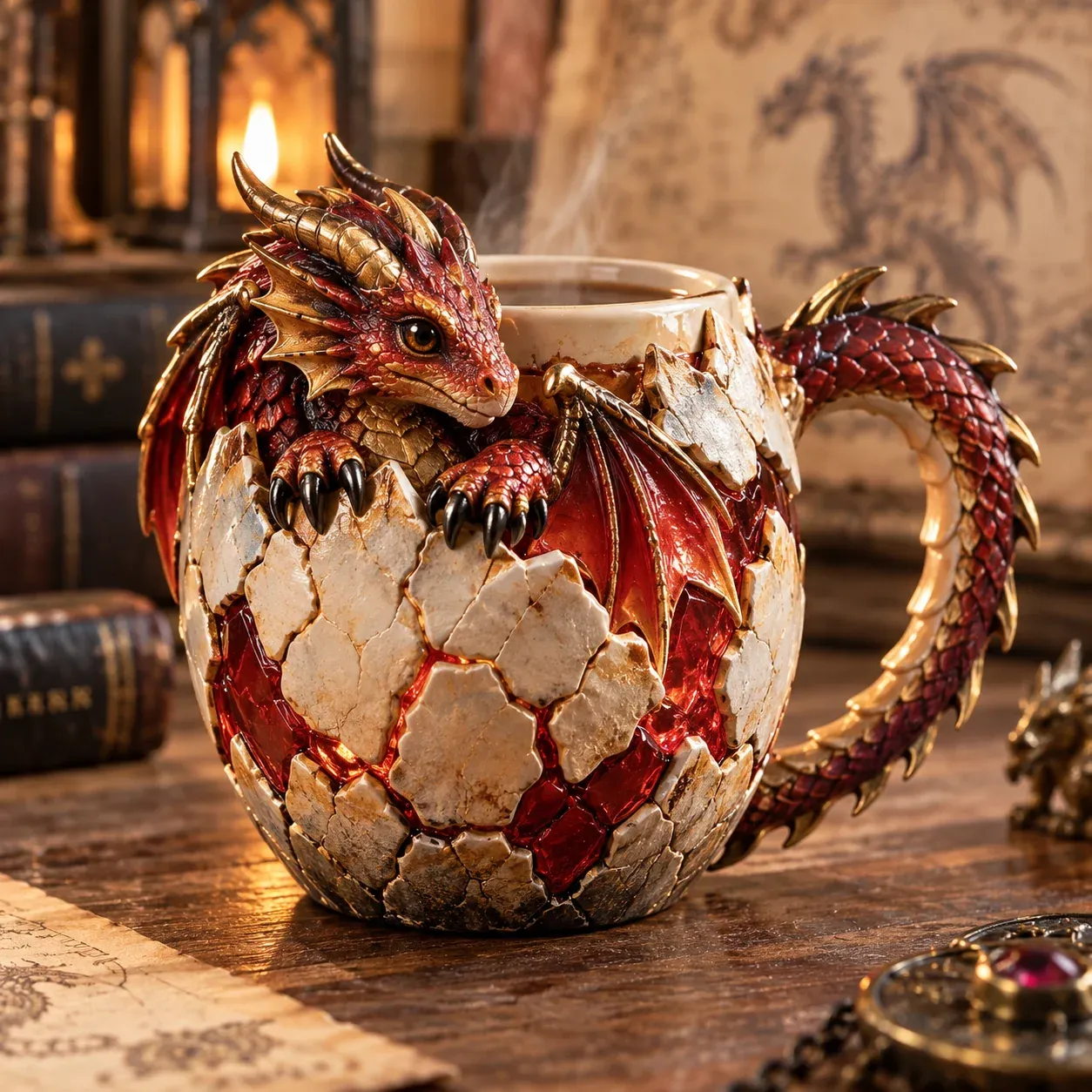 Red and gold sculpted dragon mug with a cracked eggshell design