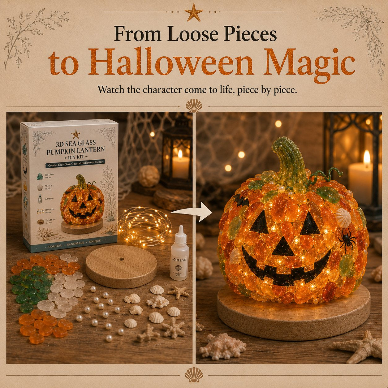 Transformation from individual craft pieces to a Halloween decoration