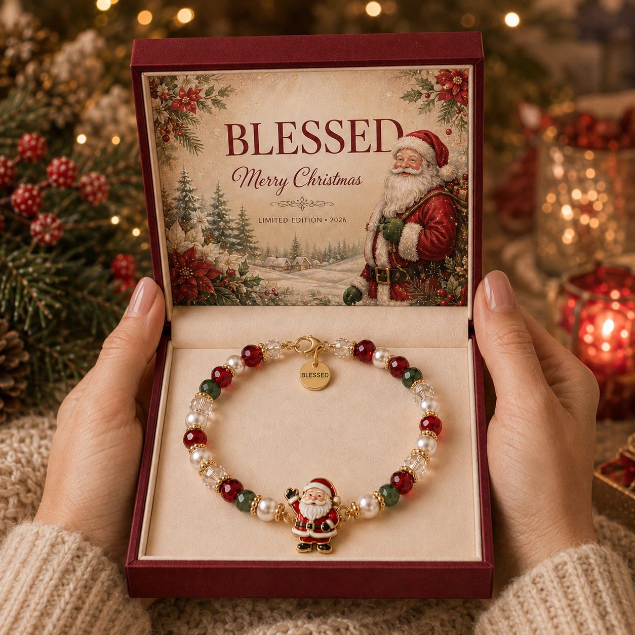 Christmas bracelet beadwork, pearl-style accents, and gold-tone charm details