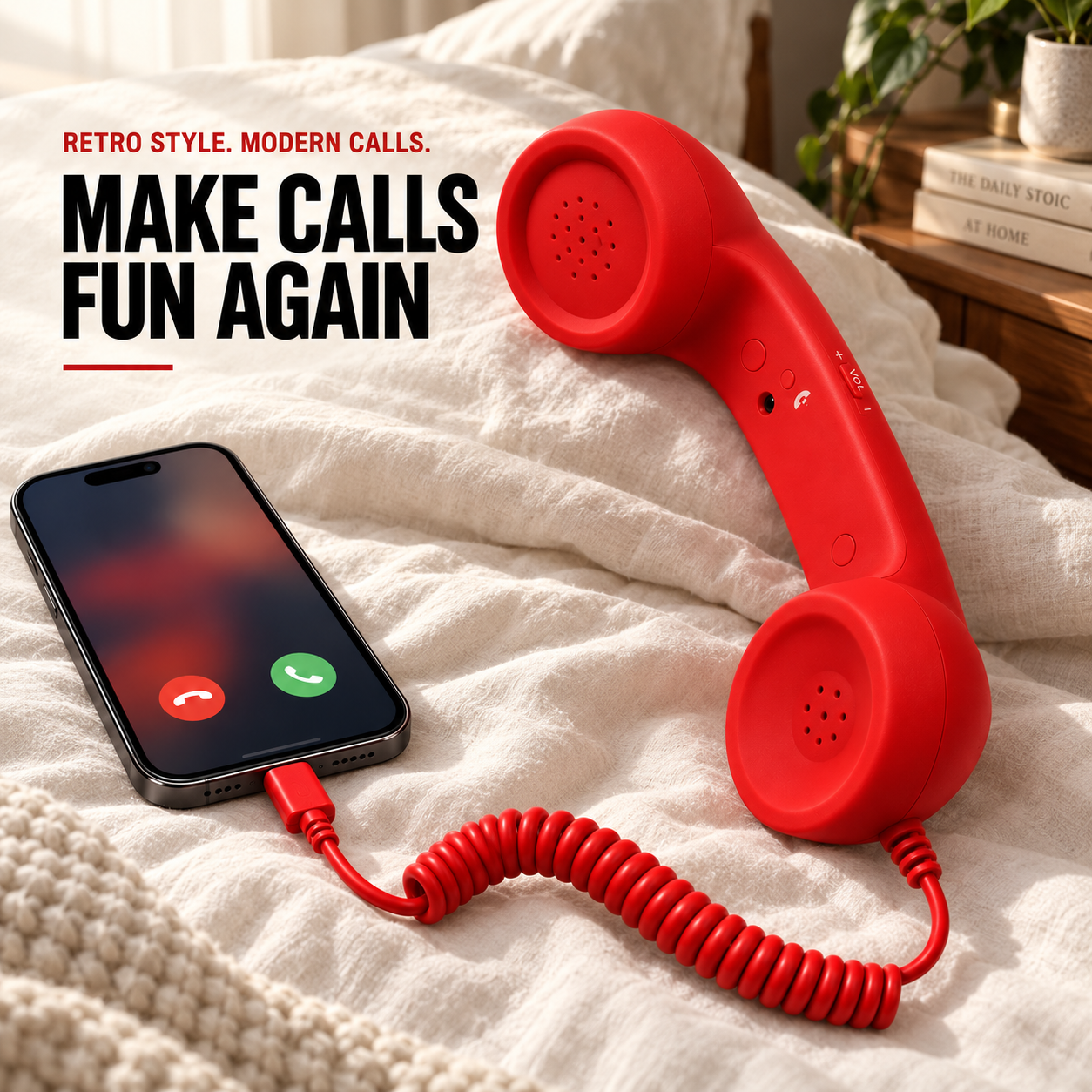 Ready in three steps: plug it in, pick up, talk. One button answers and hangs up