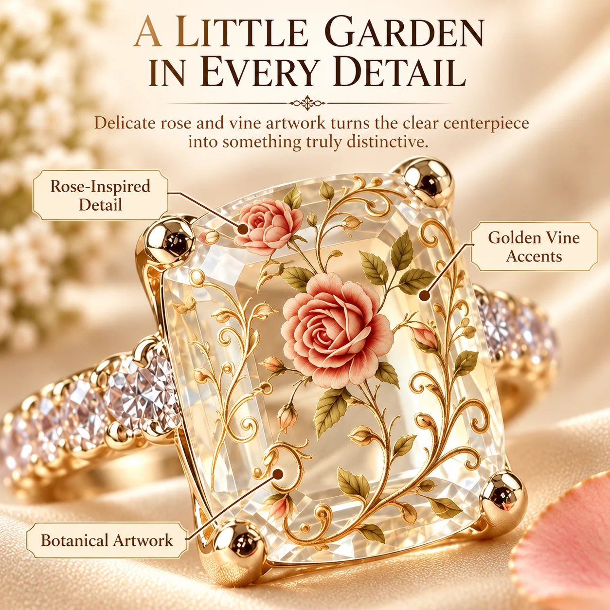 Close-up of the pink rose artwork, leaves, and golden vine details