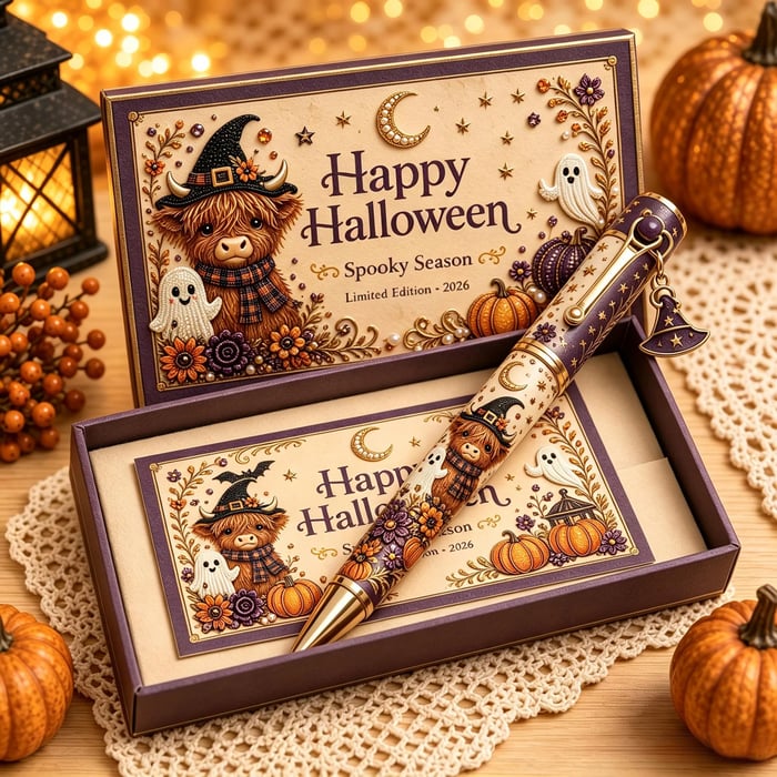 Highland cow Halloween pen gift set with matching keepsake card and themed gift box