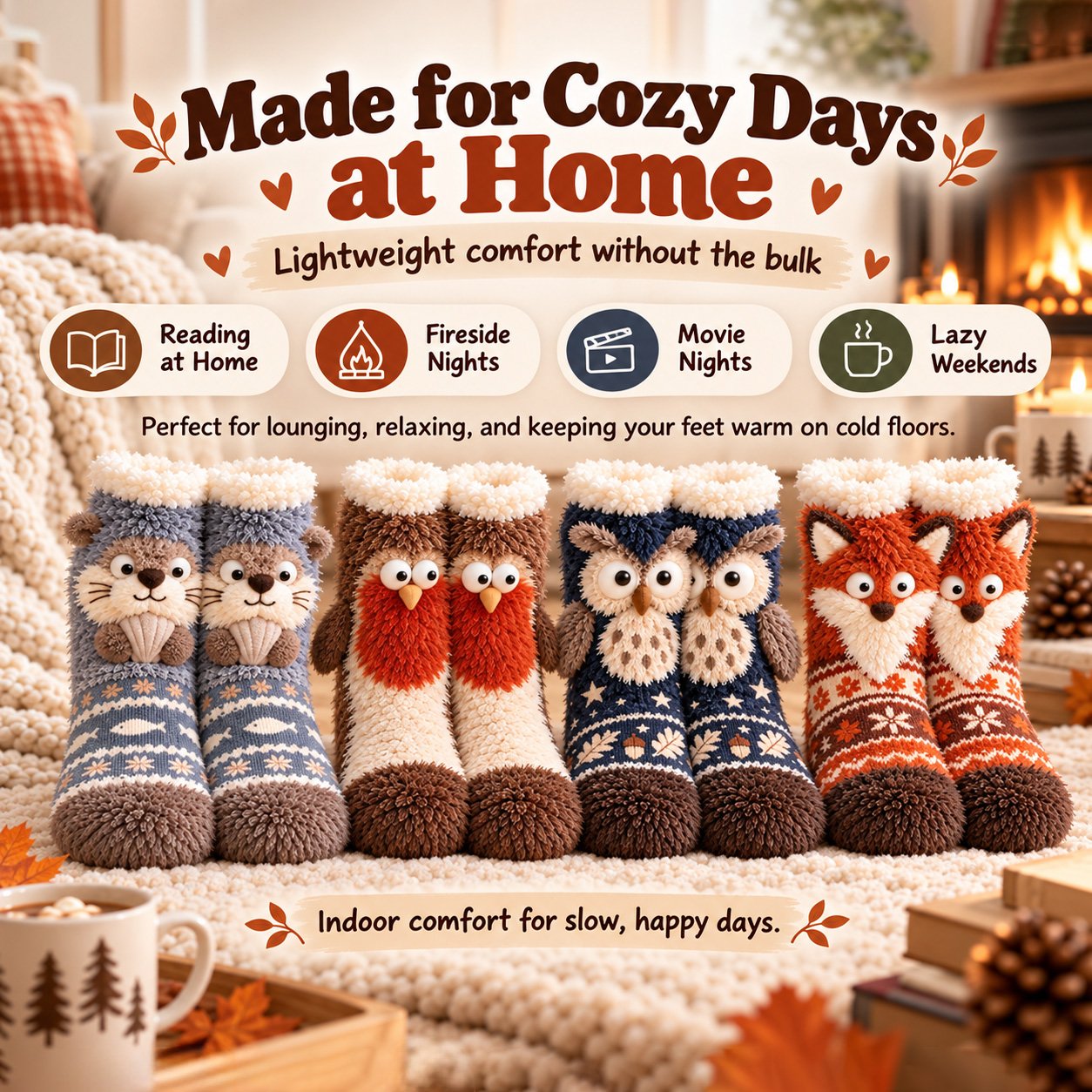 🦊🐦 Cute 3D Animal Fuzzy Slipper Socks – Cozy Indoor House Socks🦦🦉