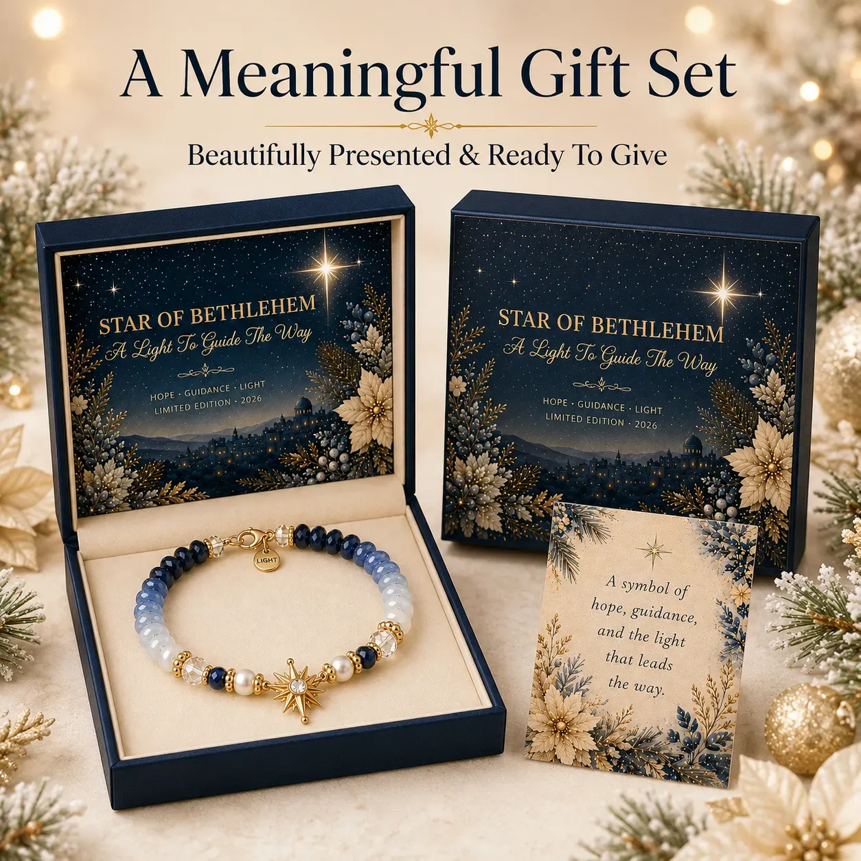 Star of Bethlehem bracelet with coordinated navy gift-box presentation