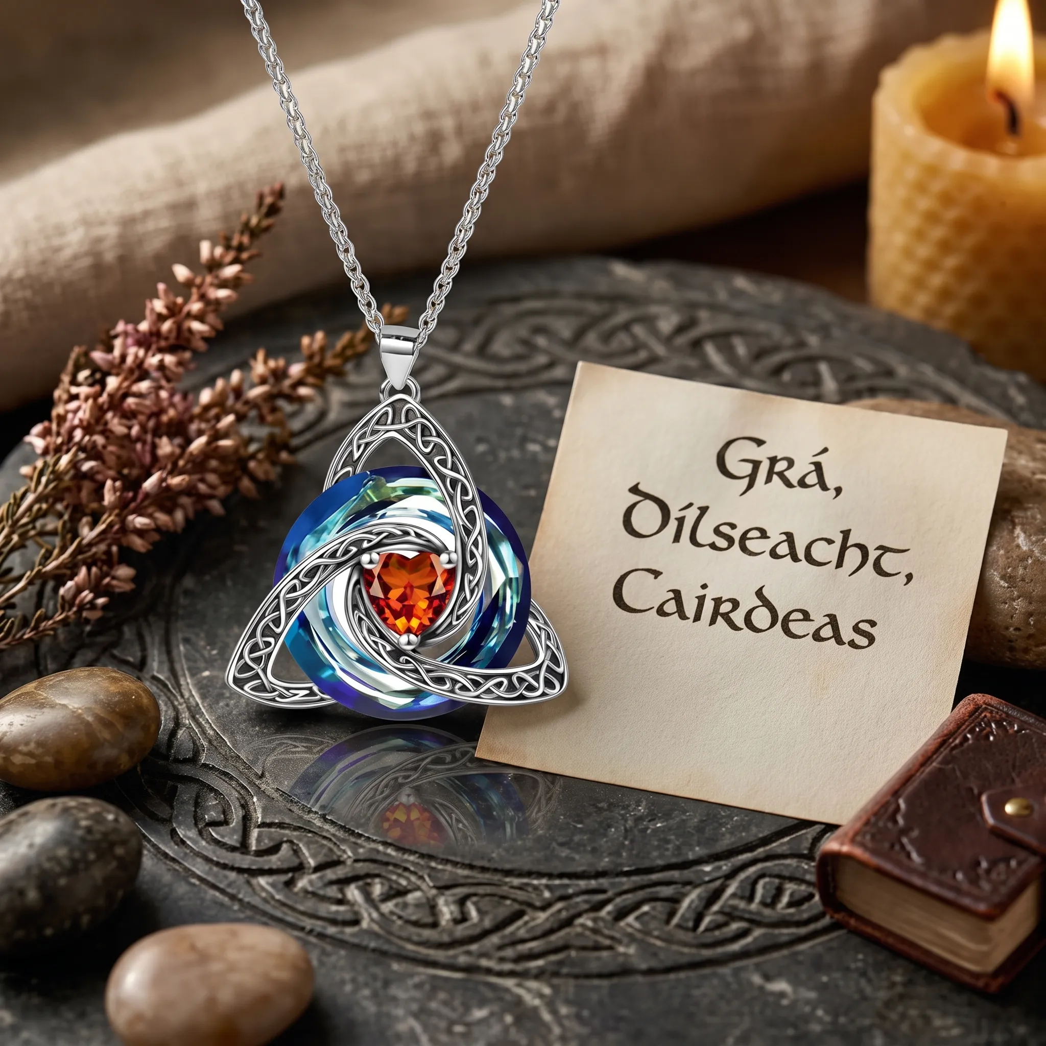 Close-up of the Trinity Knot pendant and faceted crystal