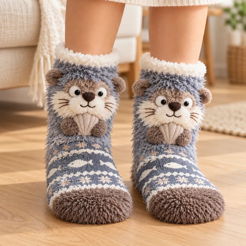 🦊🐦 Cute 3D Animal Fuzzy Slipper Socks – Cozy Indoor House Socks🦦🦉