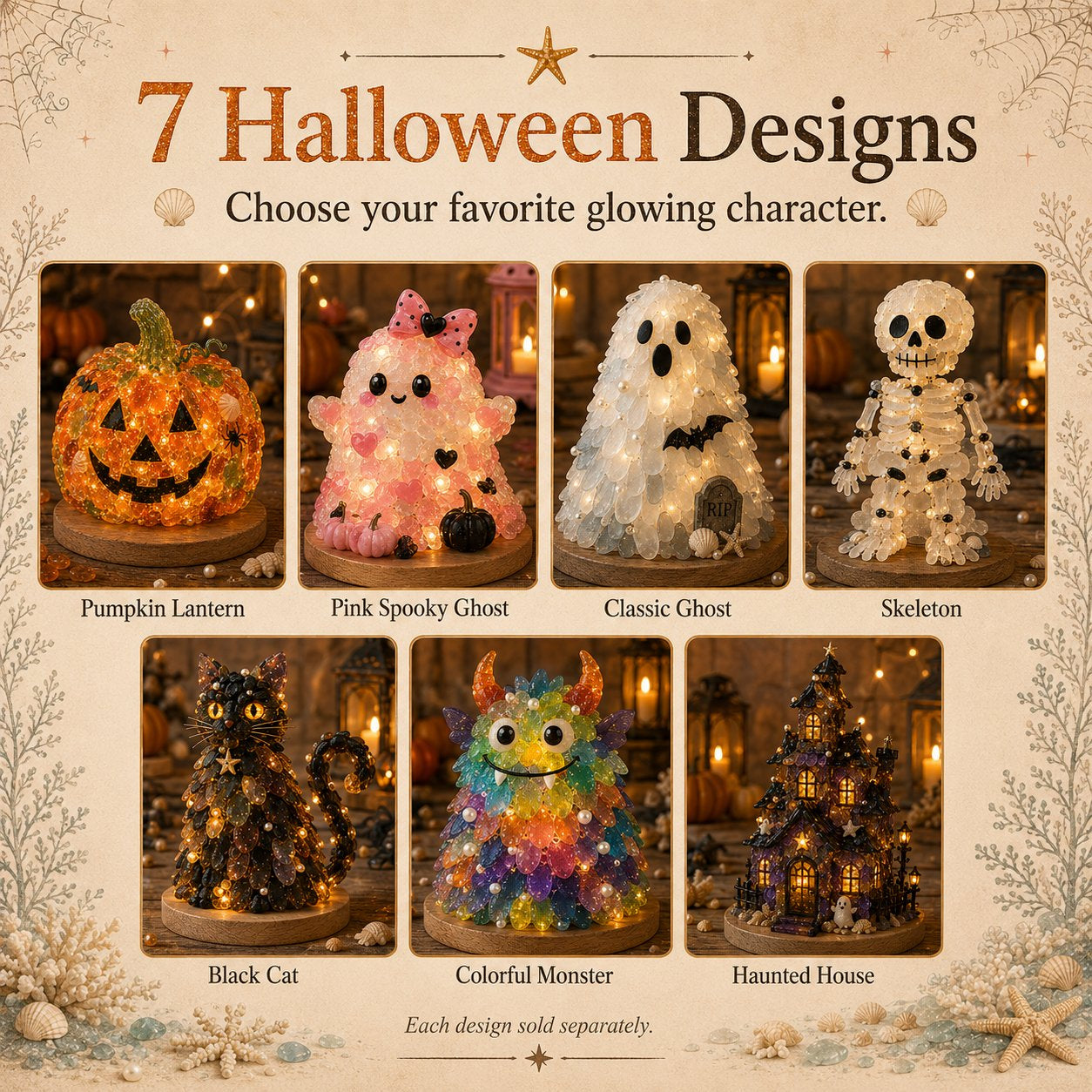 DIY sea glass Halloween collection featuring seven character designs