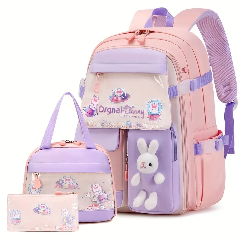 🐰 Cute Bunny Design 3-Piece Backpack Set for Girls – Includes Lunch Box & Pencil Case! 🦄