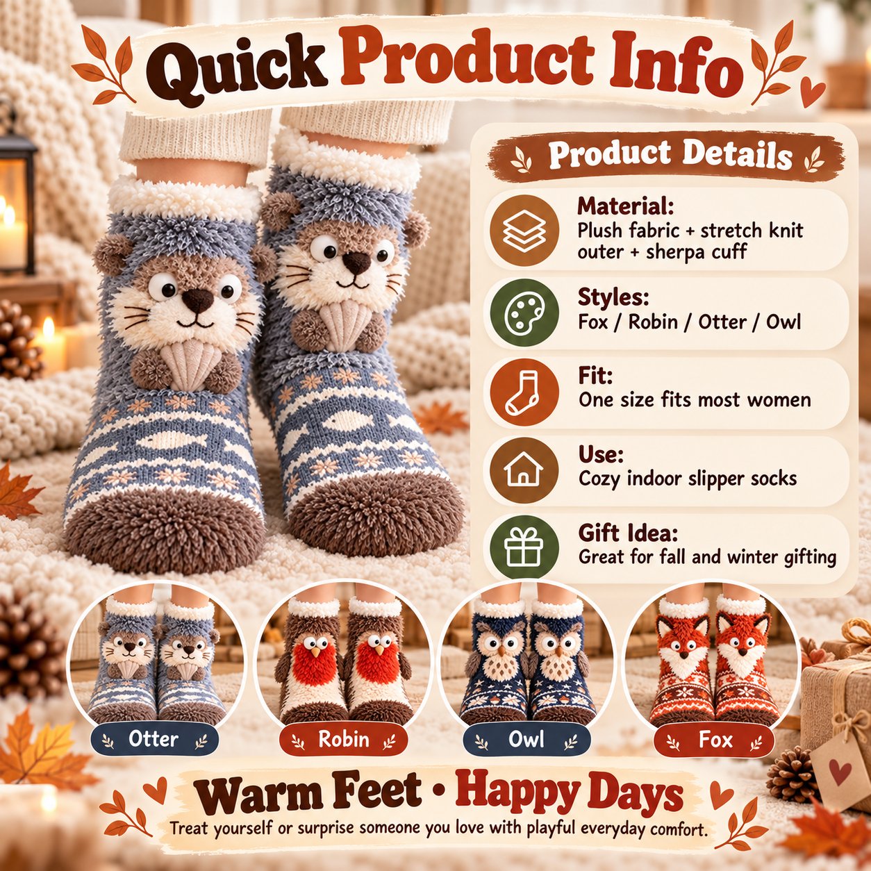 🦊🐦 Cute 3D Animal Fuzzy Slipper Socks – Cozy Indoor House Socks🦦🦉