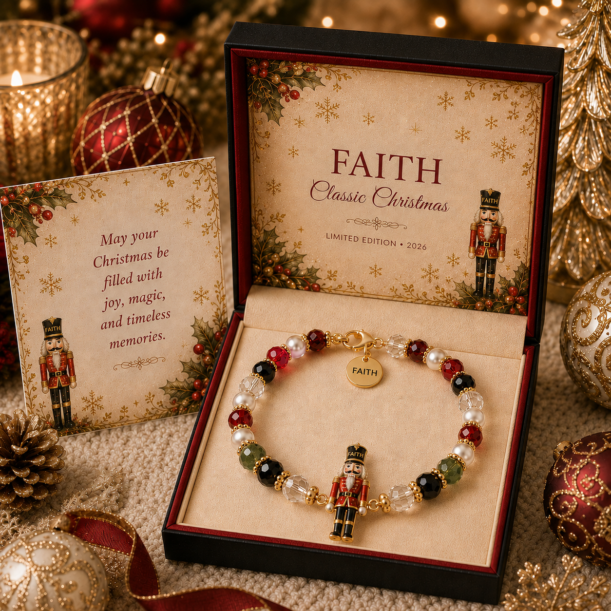 Nutcracker Christmas bracelet with Faith word charm