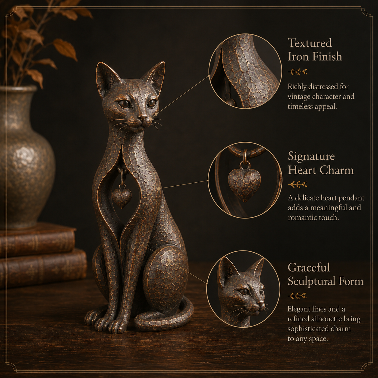 Heritage Heart Animal Sculpture – Vintage Iron Dog & Cat Accents for Timeless Interiors