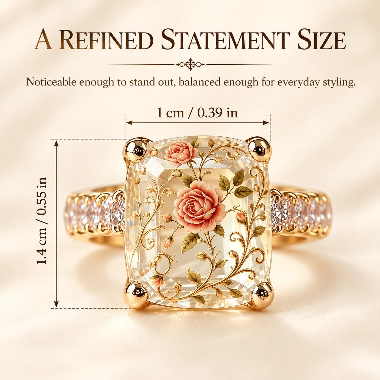 Floral ring centerpiece measuring approximately 1.4 by 1 centimetres