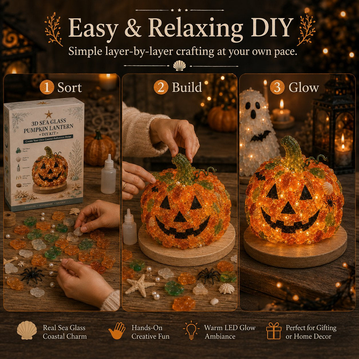 Hands-on DIY crafting with sea glass Halloween decoration components