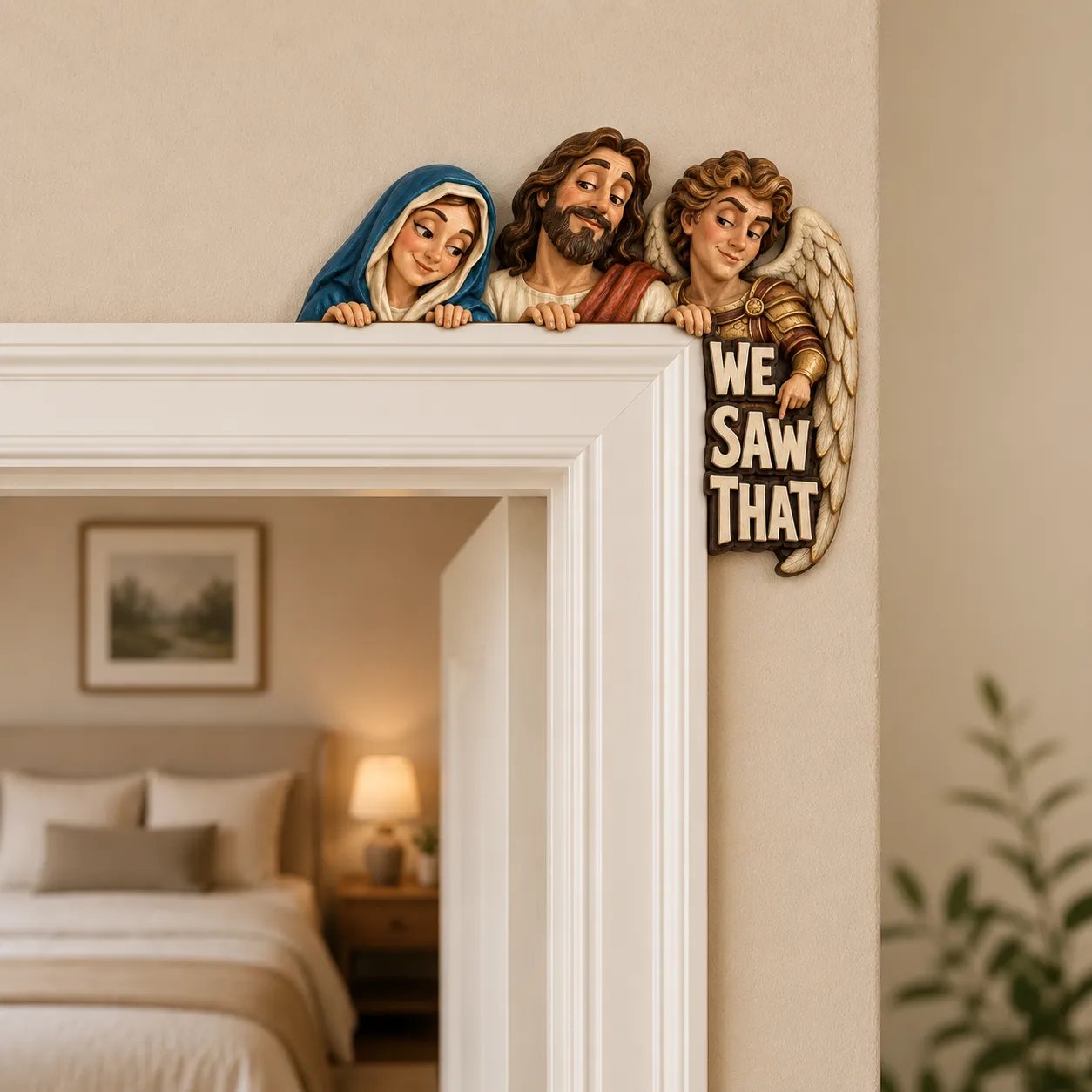 Hand painted solid wood We Saw That door topper