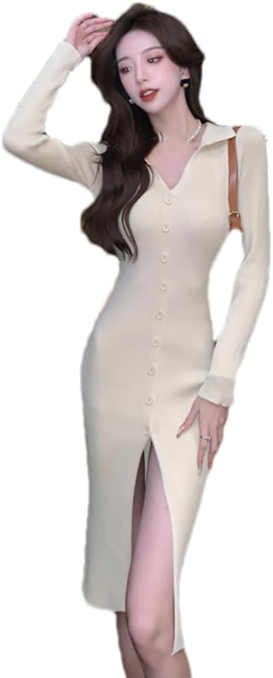 Women's Solid Long Sleeve V-Neck Knitted Dresses Office Party Medium Long Sexy Dress