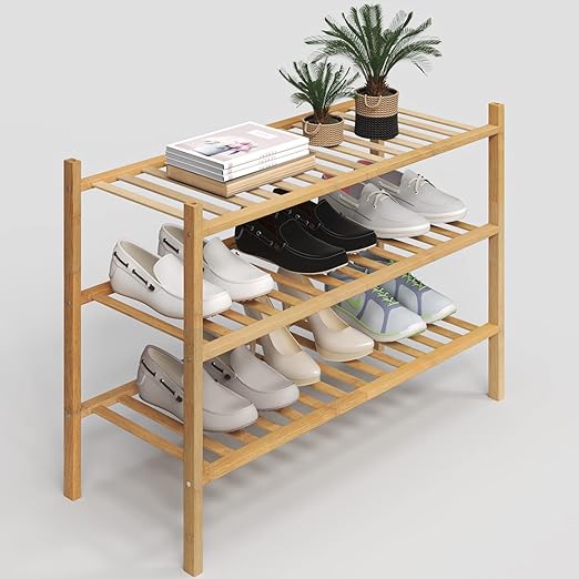 3-Tier Shoe Rack for Closet, Stackable Bamboo Shoe Rack for entryway, 