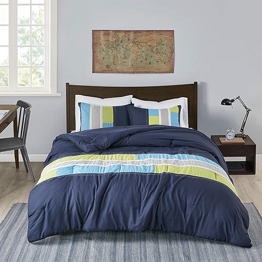 Home Picks Cozy Comforter Set Geometric Stripes Vibrant Color Design All Season Bedding Matching Shams, Decorative Pillow, Full/Queen, Pipeline Navy, 4 Piece