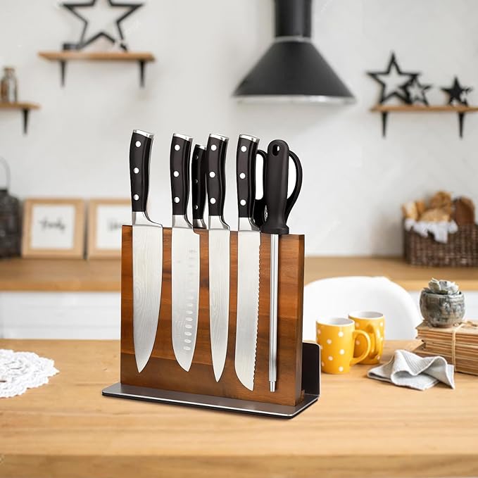 Home Picks Magnetic Knife Block, Double Side Magnetic Knife Holder with Stainless Steel Base, Acacia Wood Universal Knife Storage Organizer with Strong Enhanced Magnets for Kitchen Counter